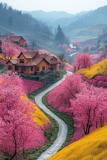 油菜花田与樱花树1