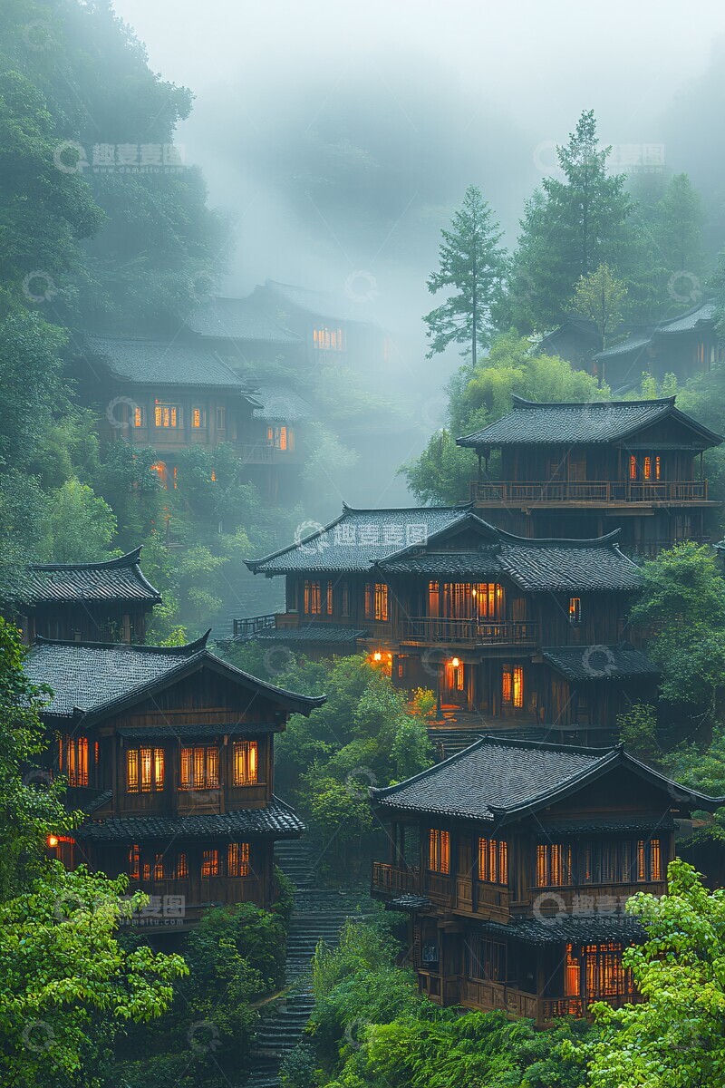高清大图下载【趣麦麦图】雾山晨光小屋