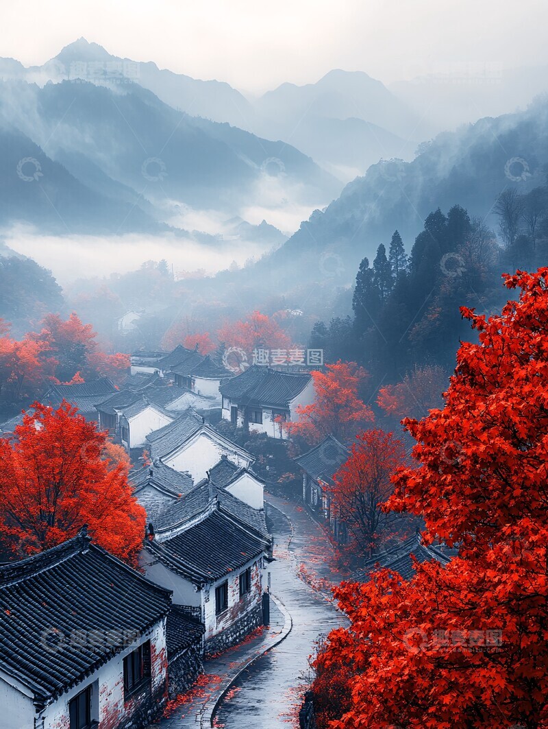 高清大图下载【趣麦麦图】红枫白墙黑瓦村2