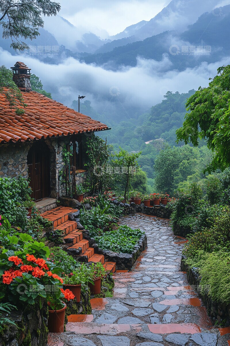高清大图下载【趣麦麦图】山间石屋小园景1
