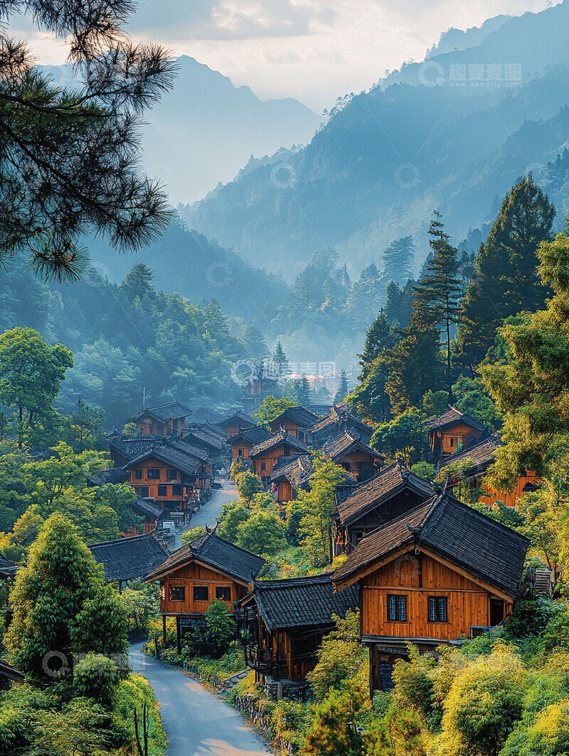 高清大图下载【趣麦麦图】山间公路与苗寨