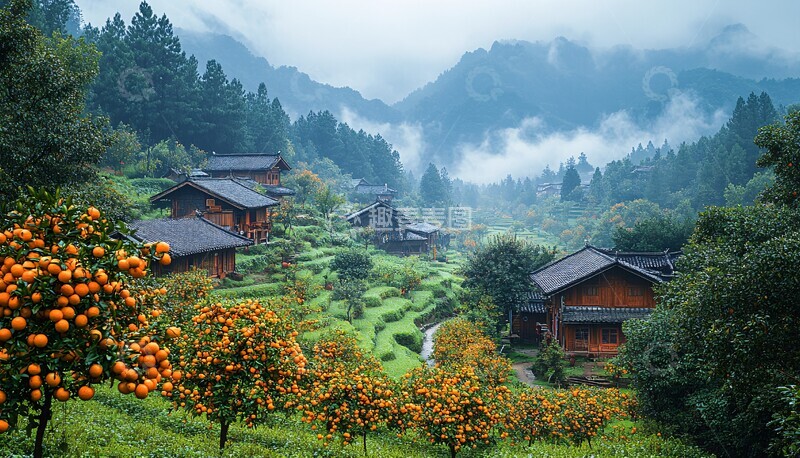 高清大图下载【趣麦麦图】柑橘园秋景柑橘果园梯田1