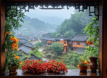 木窗石桌红椒黄花1