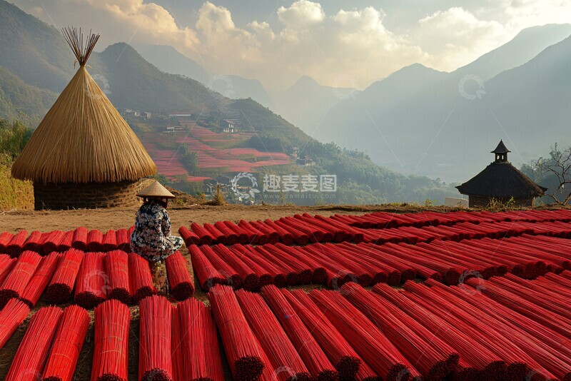 高清大图下载【趣麦麦图】香火缭绕的香田1