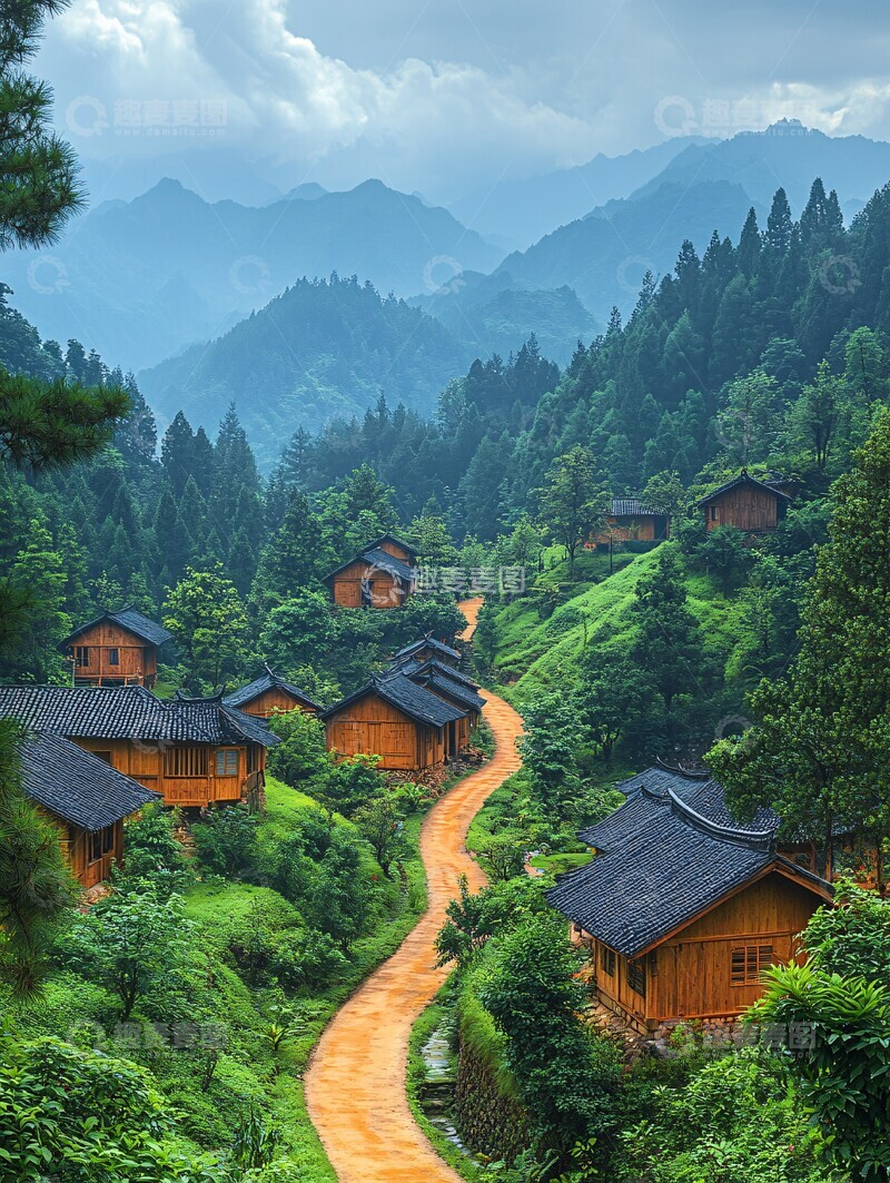 高清大图下载【趣麦麦图】山间公路与苗寨2