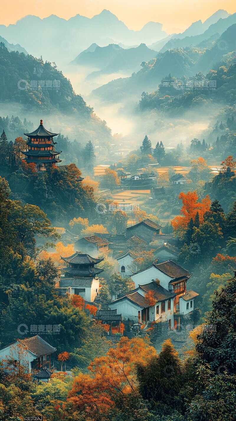 高清大图下载【趣麦麦图】秋日山村晨光