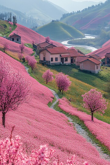 油菜花田与樱花树