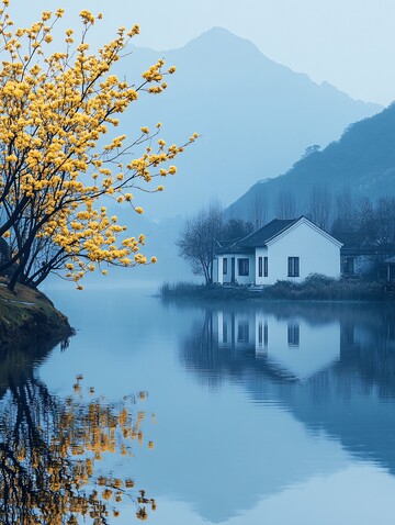 湖畔黄花树与远山