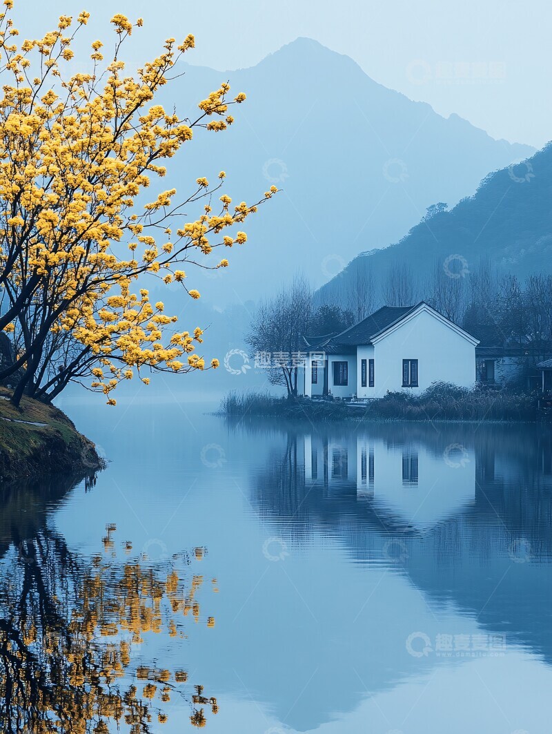 高清大图下载【趣麦麦图】湖畔黄花树与远山