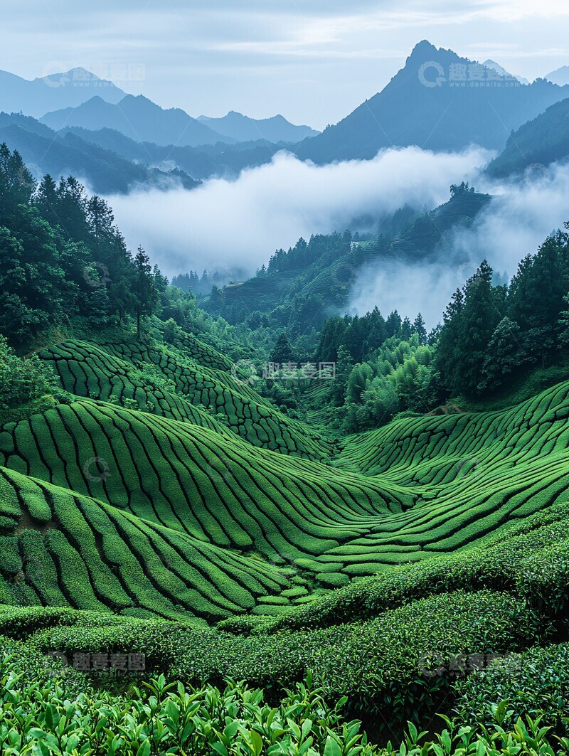 高清大图下载【趣麦麦图】茶园梯田云雾2