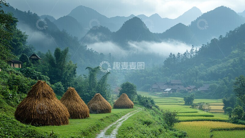 高清大图下载【趣麦麦图】稻草堆水牛茅屋3