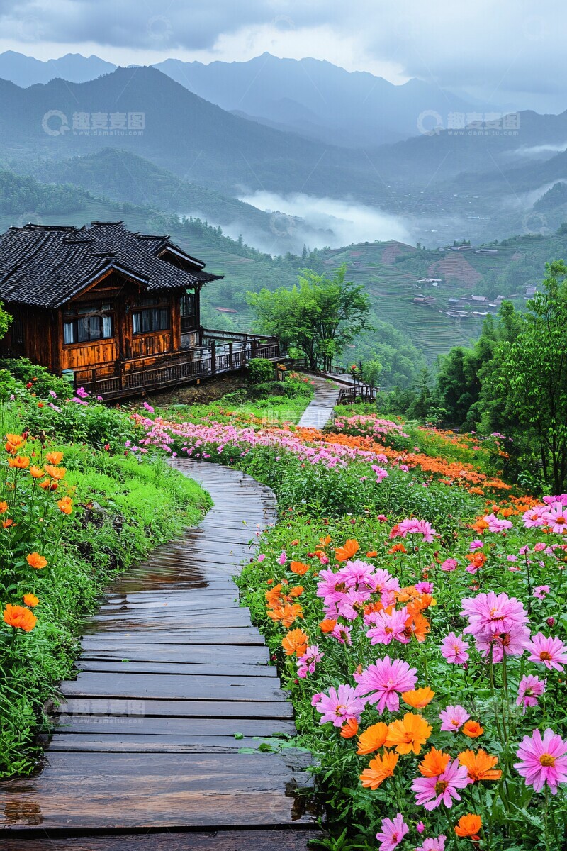 高清大图下载【趣麦麦图】木屋花海梯田