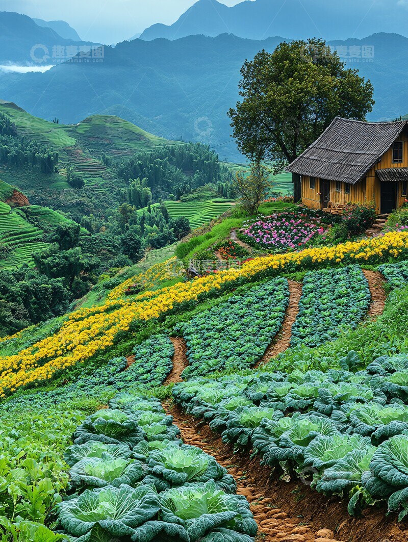 高清大图下载【趣麦麦图】菜园与山景菜园山景蔬菜1