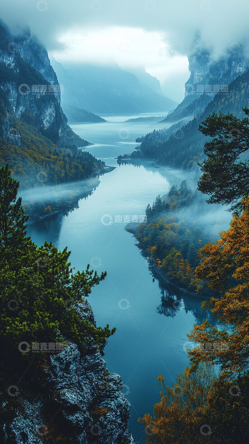 高清大图下载【趣麦麦图】远山晨雾河如镜