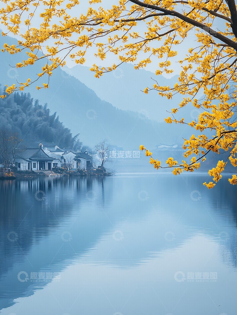 高清大图下载【趣麦麦图】湖畔黄花树与远山1