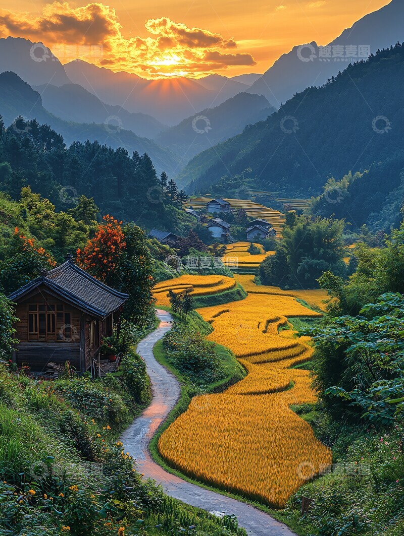 高清大图下载【趣麦麦图】金色稻田与远山
