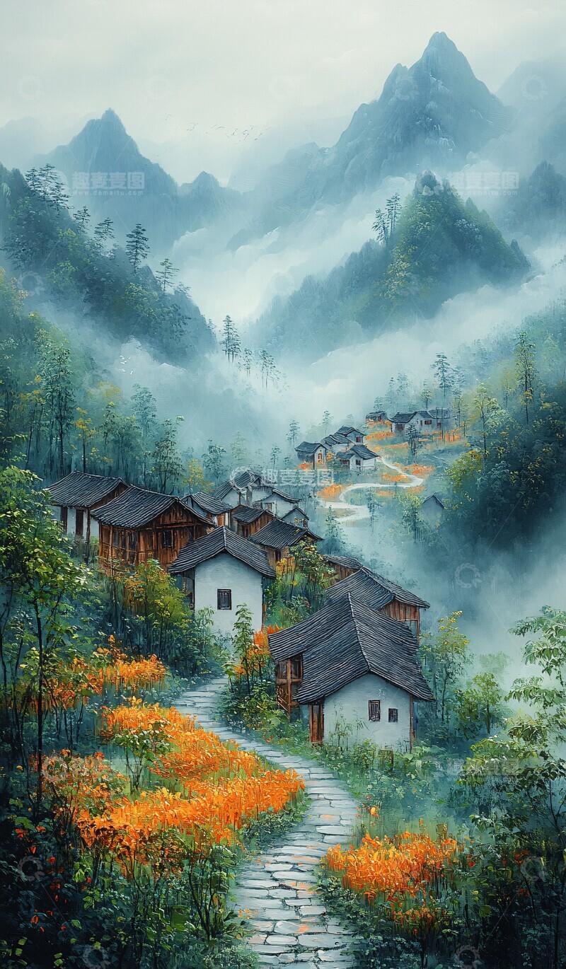 高清大图下载【趣麦麦图】雨雾山间油菜花开