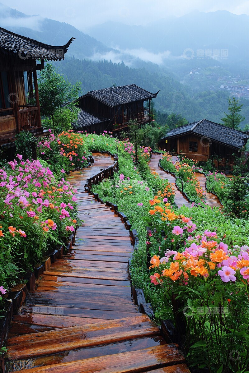 高清大图下载【趣麦麦图】木屋花海梯田2