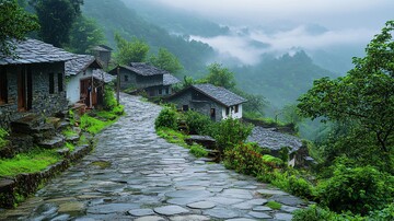 古村晨雾远山1