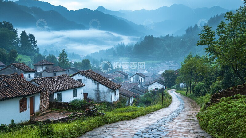 高清大图下载【趣麦麦图】古村晨雾远山