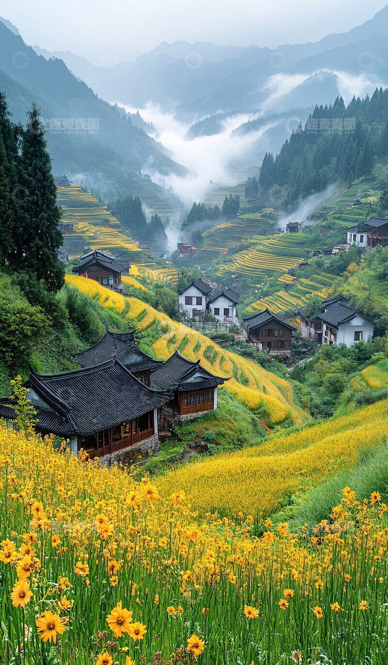 高清大图下载【趣麦麦图】雨雾山间油菜花开1