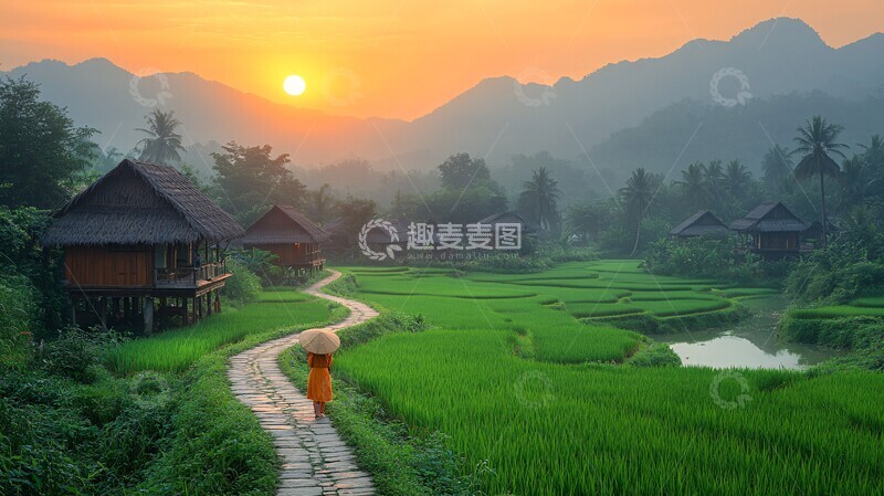 高清大图下载【趣麦麦图】稻田暮色稻田暮色村庄
