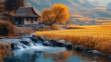 茅屋麦田溪流