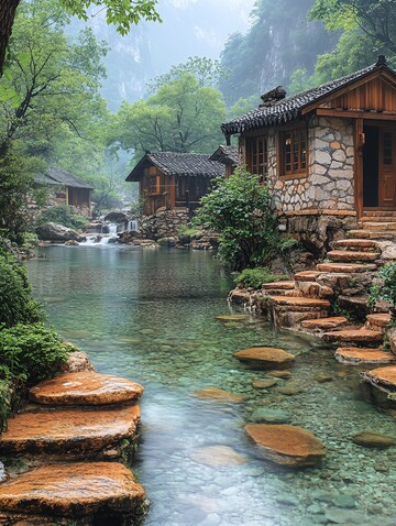 石墙木屋临水而居
