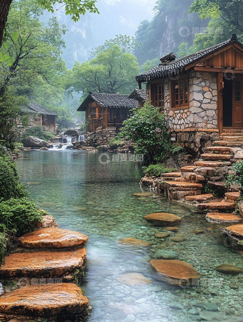 高清大图下载【趣麦麦图】石墙木屋临水而居