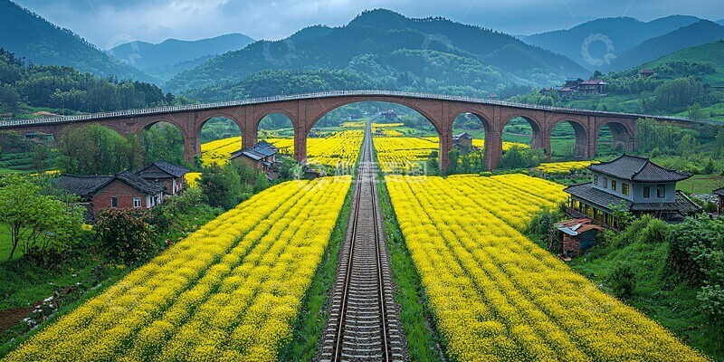 高清大图下载【趣麦麦图】油菜花田高铁桥2