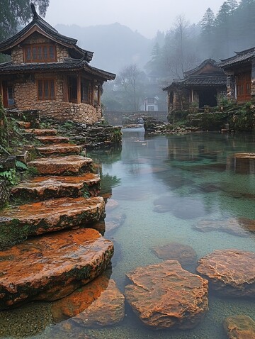 石墙木屋临水而居1