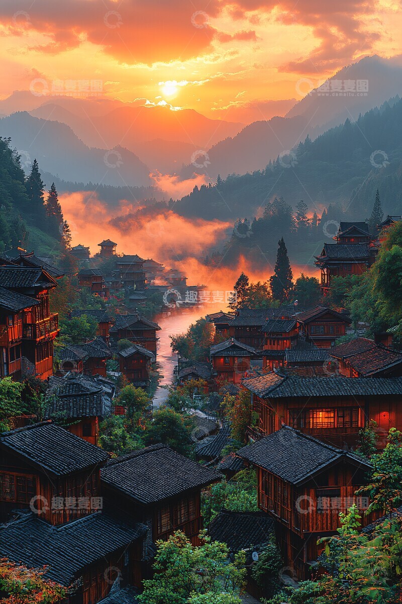 高清大图下载【趣麦麦图】云雾中的金光小屋