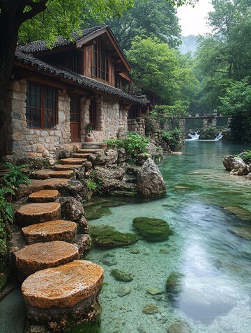 石墙木屋临水而居2