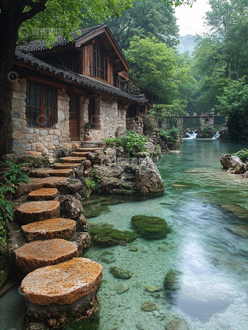 高清大图下载【趣麦麦图】石墙木屋临水而居2