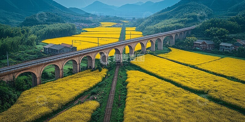 高清大图下载【趣麦麦图】油菜花田高铁桥1