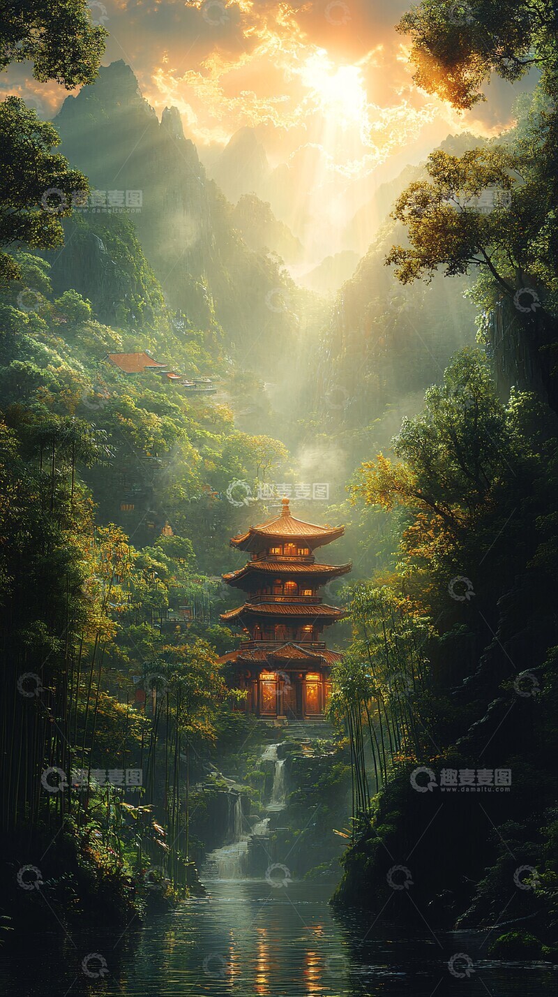 高清大图下载【趣麦麦图】竹林山洞阳光1