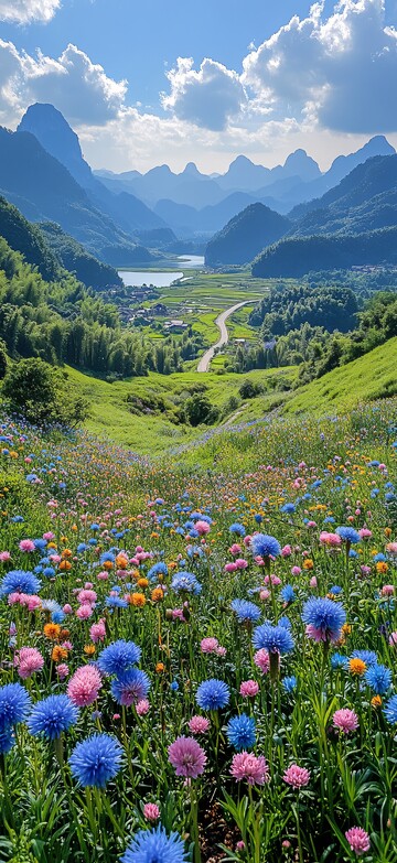 鲜花绿草山径风光
