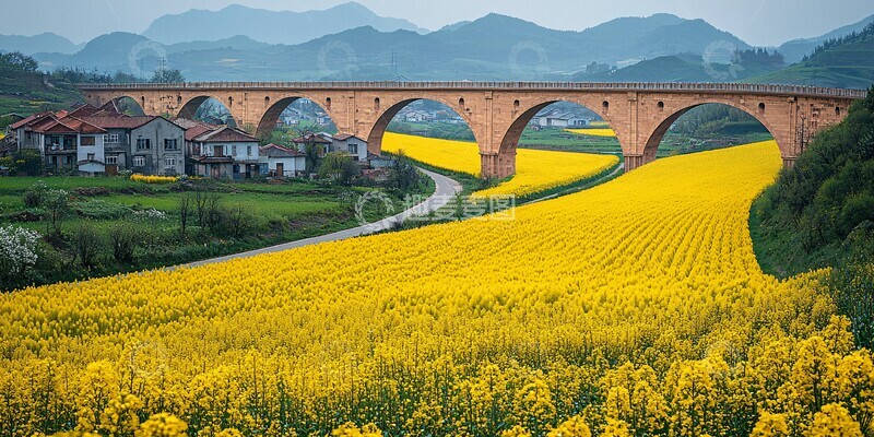 高清大图下载【趣麦麦图】油菜花田高铁桥