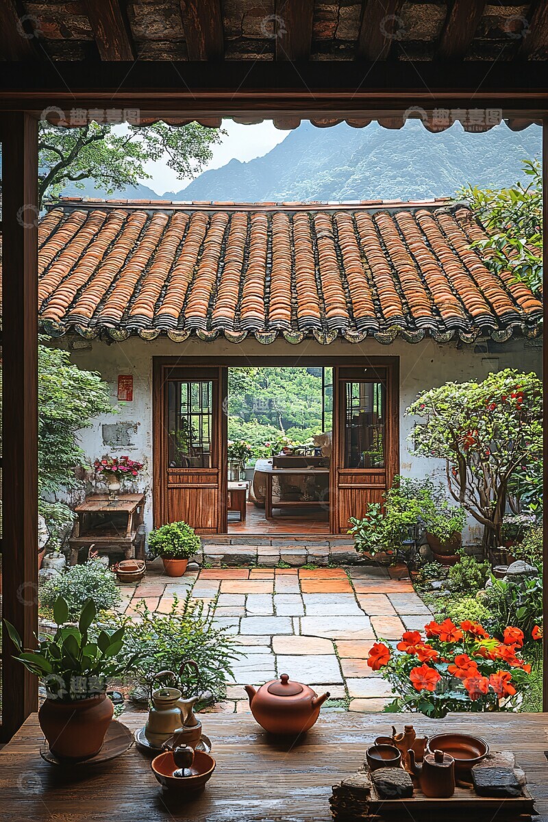 高清大图下载【趣麦麦图】-红瓦绿植庭院