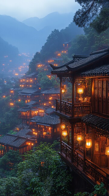 苗寨灯火映山楼