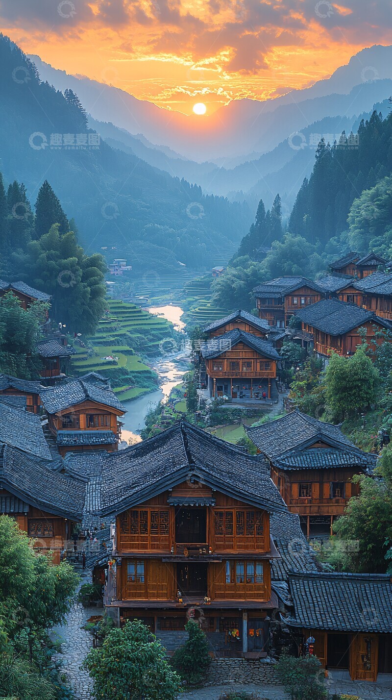 高清大图下载【趣麦麦图】木屋梯田云霞