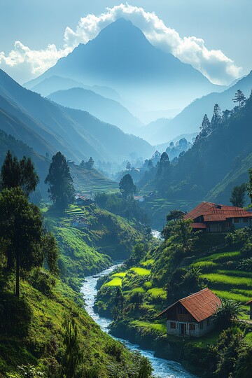 山间云雾梯田流水