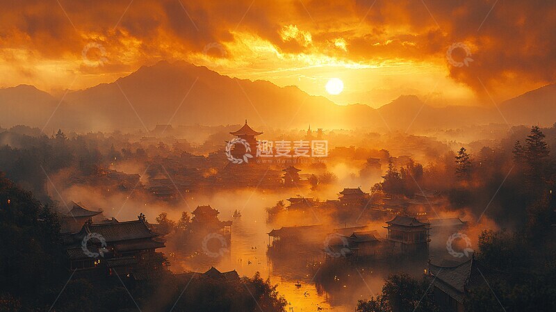 高清大图下载【趣麦麦图】山脚村庄夕照烟2