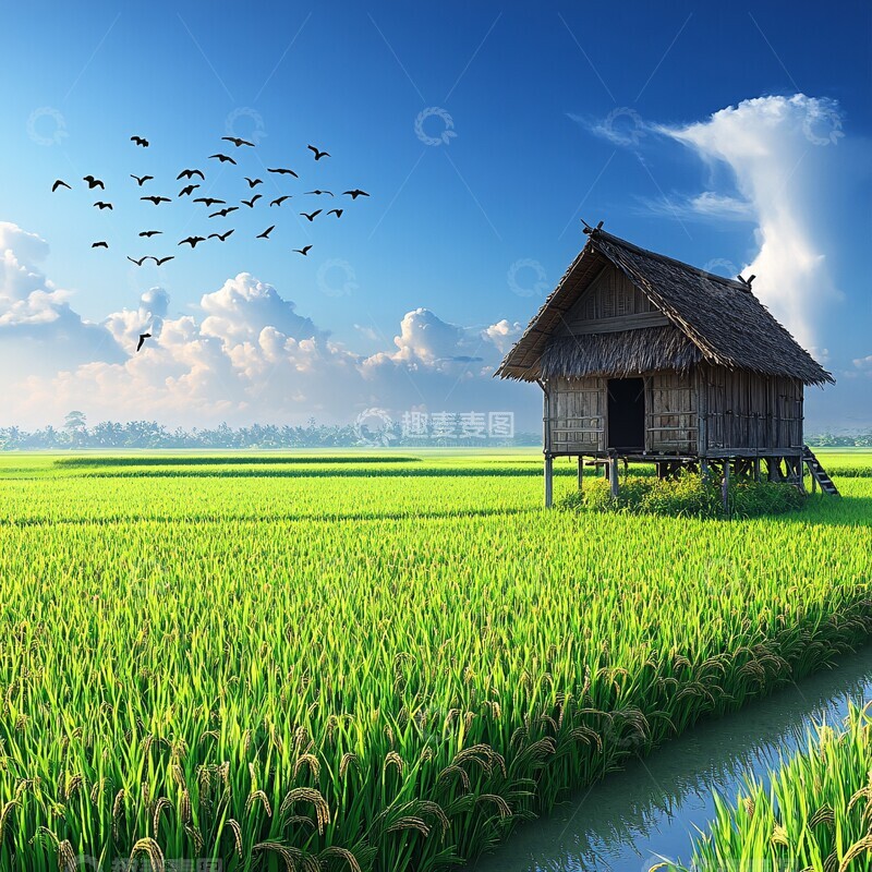 高清大图下载【趣麦麦图】木屋稻田飞鸟图