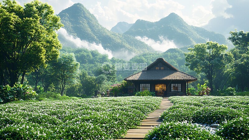 高清大图下载【趣麦麦图】茅屋茶园前茅屋茶园山景1