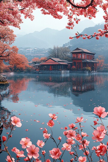 湖畔花影映青山