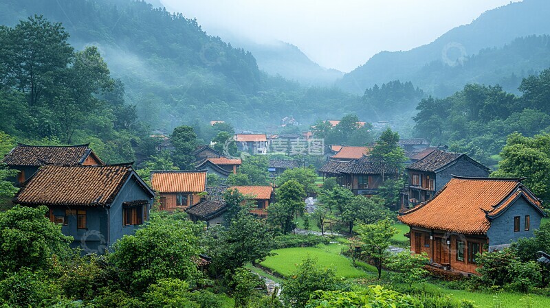 高清大图下载【趣麦麦图】绿野山间古村景2