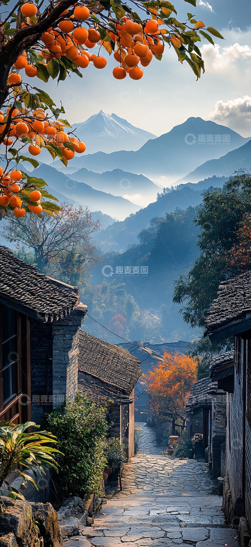 高清大图下载【趣麦麦图】秋日山村民居图