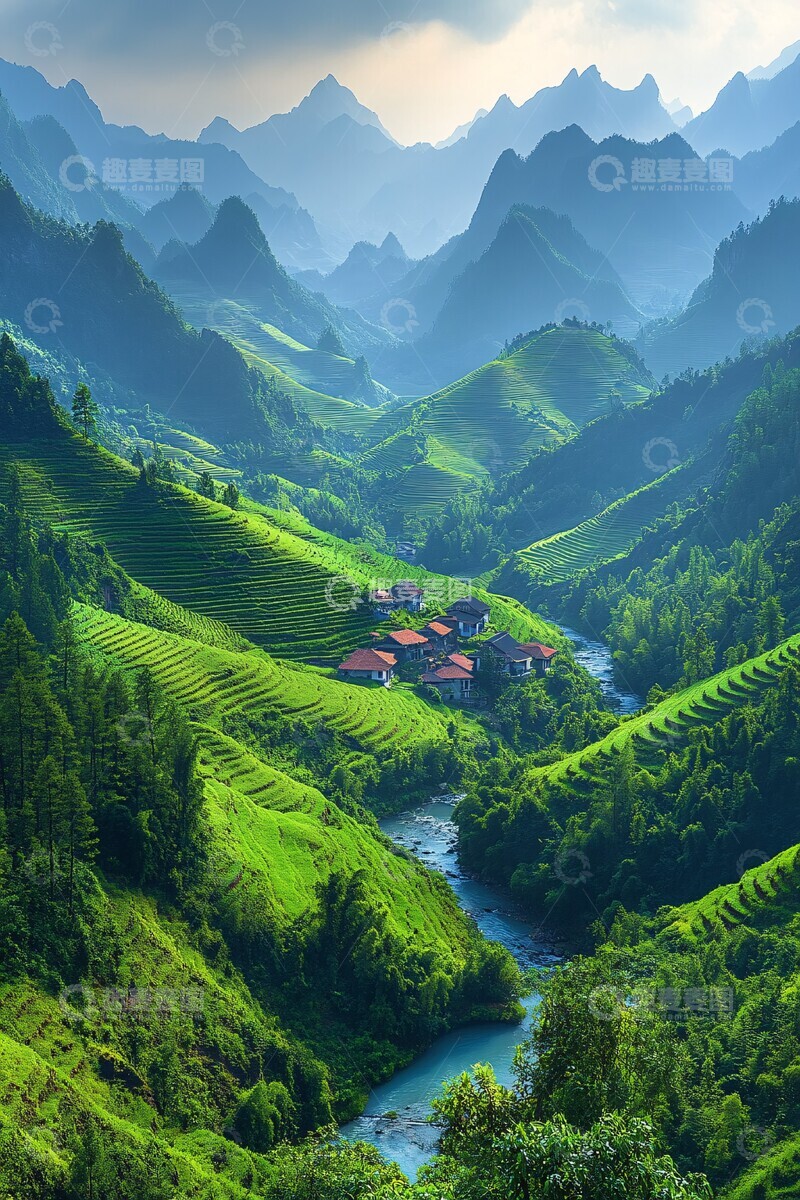 高清大图下载【趣麦麦图】山间云雾梯田流水3