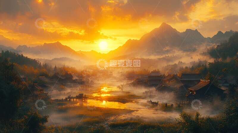 高清大图下载【趣麦麦图】山脚村庄夕照烟1
